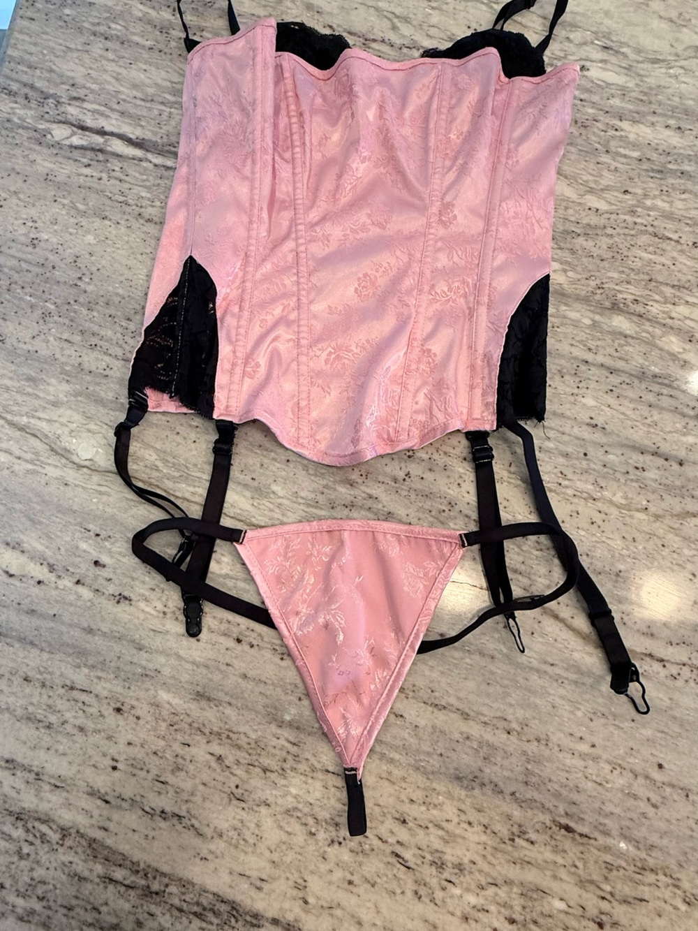 Fredericks Pink and Black Lace Corset with Garter Thong